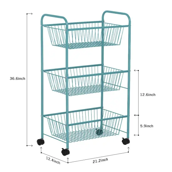 Large 3-Tier Rolling Basket Cart Metal Storage Trolley with Shelves & Lockable Wheels {2}
