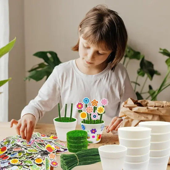 24 Set Garden Plastic Pot Craft Kit，DIY Flower Plant Crafts with Adhesive Foam Stickers, Pipe Cleaners, Flower Growing Kit for Summer {4}