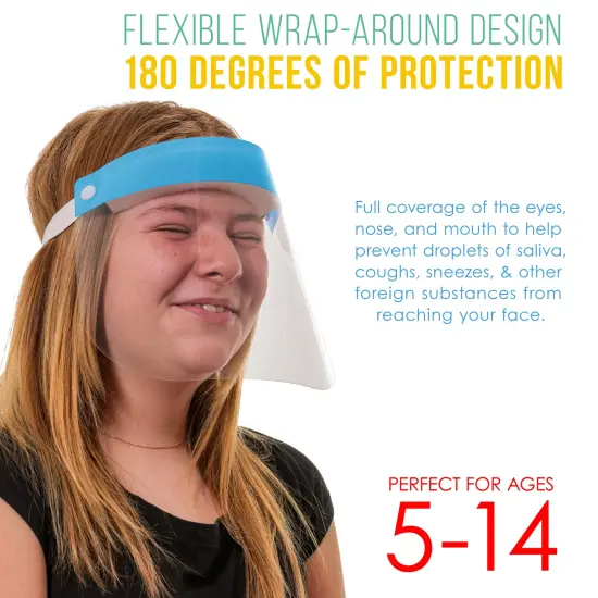 Salon World Safety Kids Face Shields (Pack of 5) - 5 Colors, 1 Each - Clear Protective Children's Full Face Shields - Anti-Fog PET Plastic {3}