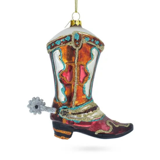 Western Cowboy Boot Glass Christmas Ornament {3}