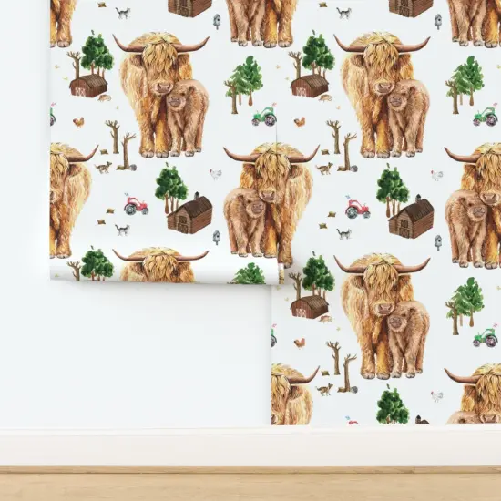 Pre-Pasted Wallpaper 2FT Wide Highland Cow Scottish Shaggy Calf Farm Scotland Barnyard Animal Barn Custom Pre-pasted Wallpaper by Spoonflower {2}