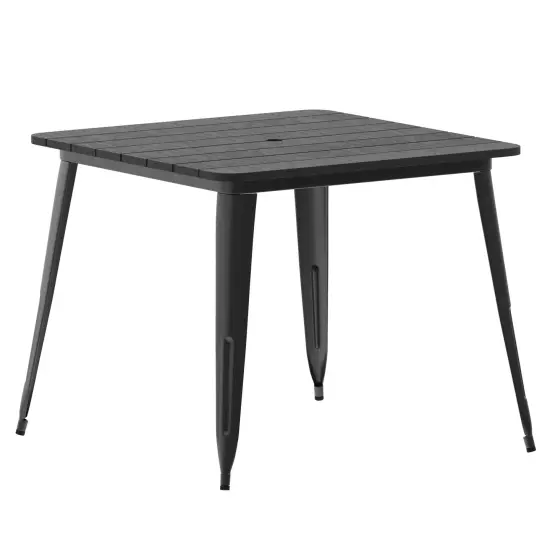 Merrick Lane Dryden Indoor/Outdoor Dining Table with Umbrella Hole, 36" Square All Weather Poly Resin Top and Steel Base BlackTop/BlackFrame {2}