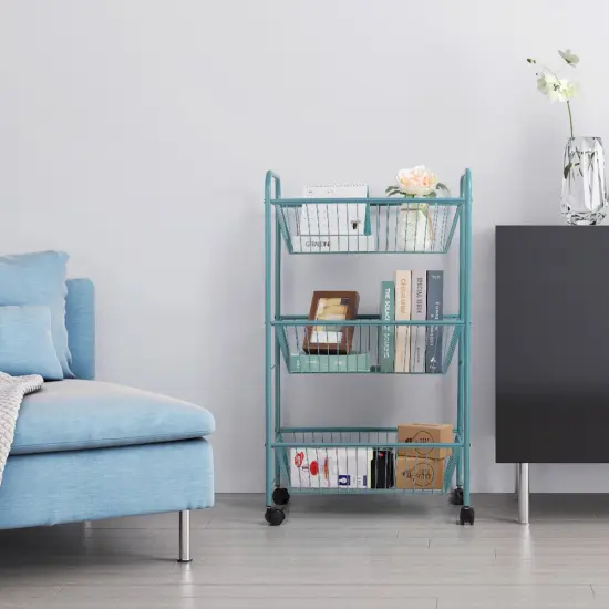 Large 3-Tier Rolling Basket Cart Metal Storage Trolley with Shelves & Lockable Wheels {6}