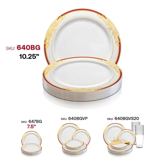 White with Burgundy and Gold Harmony Rim Plastic Dinner Plates - 10.25" (120 Plates) {6}