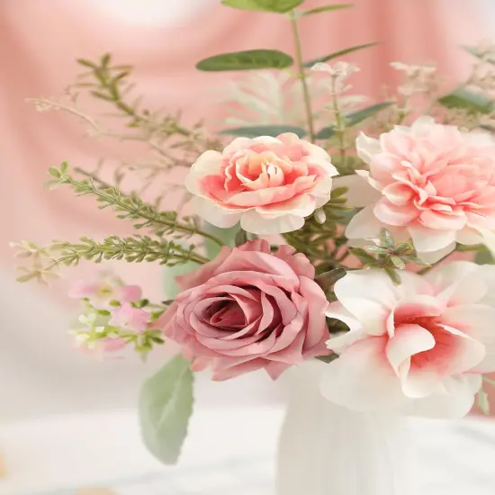 Artificial Flowers in Small Ceramic Vase-Blue Fake Flowers Floral Arrangements Silk Flower Home Decor Faux Flower Plant with Vase for Centerpiece Dining Table Decorations (Pink) {3}