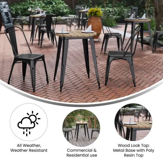 Merrick Lane Dryden Indoor/Outdoor Dining Table, 23.75" Round All Weather Poly Resin Top with Steel Base BrownTop/BlackFrame {4}