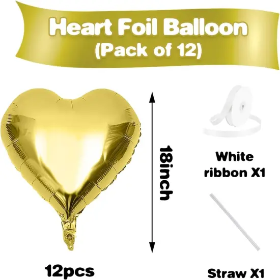 Gold Heart Balloons,12Pcs 18 Inch Metallic Gold Foil Mylar Love Heart Shaped Balloons for Birthday Party Wedding Engagement Anniversary Graduation Celebration Baby Shower Valentines Day Decorations {2}