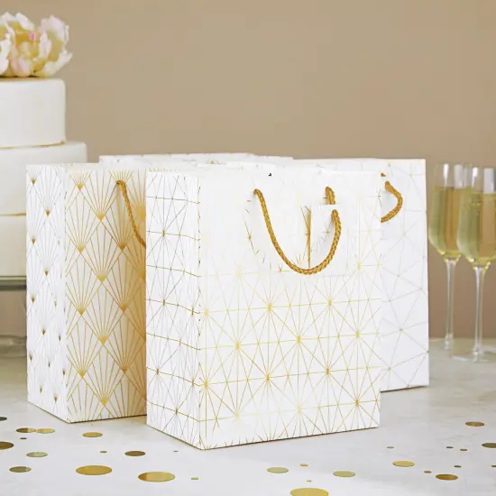 16-Pack Medium White and Gold Gift Bags with Handles & Tags for Weddings Baby Bridal Showers Birthday Party Favors, 4 Geometric Foil Designs (8 x 10 x 4.5 Inch) {2}