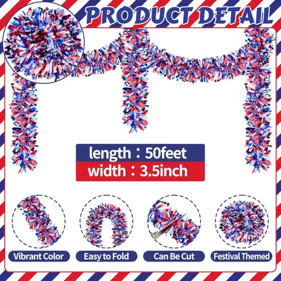 50FT Glitter Tinsel Garlands with Star for 4th of July Decorations {2}