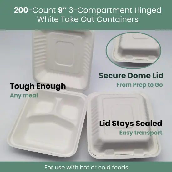 Northlight 3-Compartment Hinged White Take Out Containers - 9" - 200 Count {6}