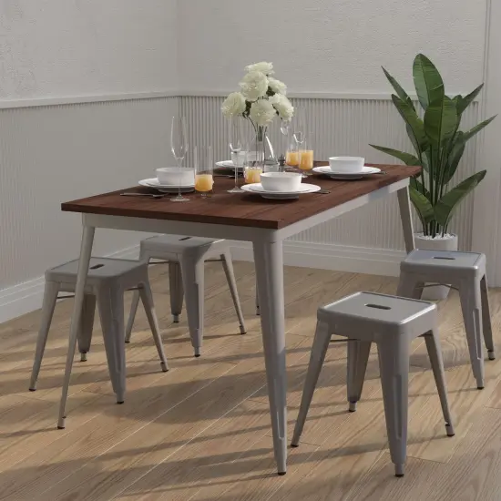 Merrick Lane Ardennes Rectangular Steel Frame Square Table With Wood Top Silver {1}