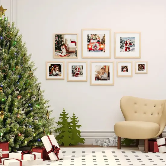 8x8 Picture Frame, Natural Square Solid Wood Frames for Pictures 4x4 and 6x6 with Mat or 8x8 without Mat, Wall and Tabletop Display Photo Frames Natural Wood 4 Pack {4}