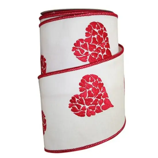 4" Embroidered Hearts Ribbon: White/Red (10 Yards) {1}