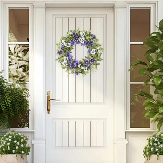 Spring Floral Wreaths for Front Door Summer Wreath with Purple Pansy Flowers Green Eucalyptus Leaves {2}