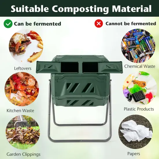 Costway 42-Gal Compost Bin Dual Chamber Composting Tumbler with 2 Sliding Doors Metal Frame Black/Green {5}