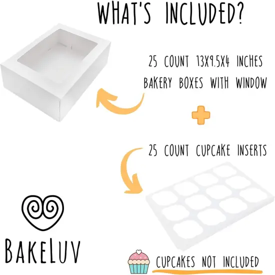 White 12 Cupcake Boxes, Cupcake Containers | 13x9.5x4, 25 Pack | 12 Cupcake Box Bulk, Cupcake Boxes 12 Count Carrier, Option to 14x10x4 Bakery Boxes with Window, &frac14; Sheet Cake Box 13x9 Inches {2}