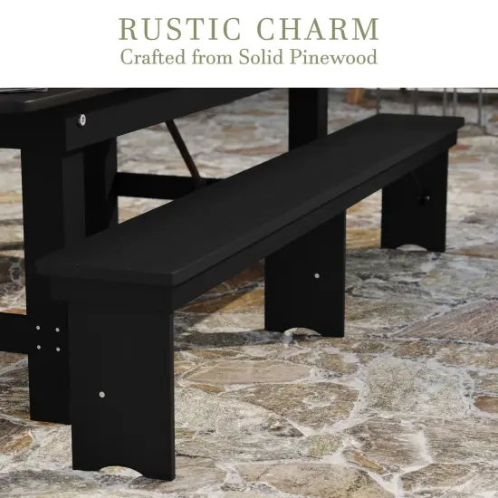 Merrick Lane Tinsley 96" x 12" Solid Pine Folding Farmhouse Style Bench Black Wash {3}