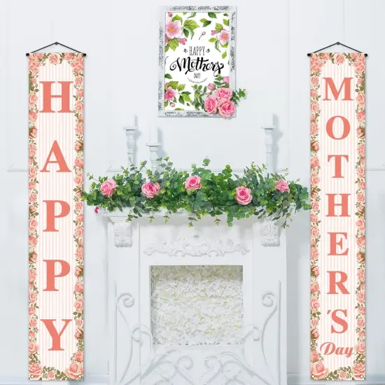 Happy Mother's Day Porch Banner I Love Mom Pink Rose Floral Holiday Party Front Door Sign Wall Hanging Banner Decoration {4}