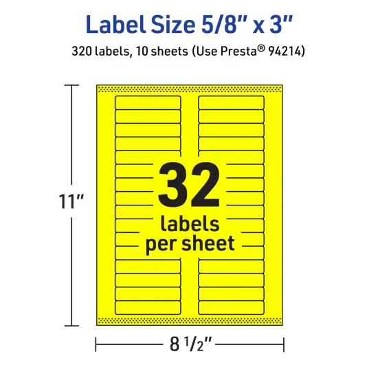 Avery Neon Yellow Paper Labels, 5/8" x 3" Rectangle {5}