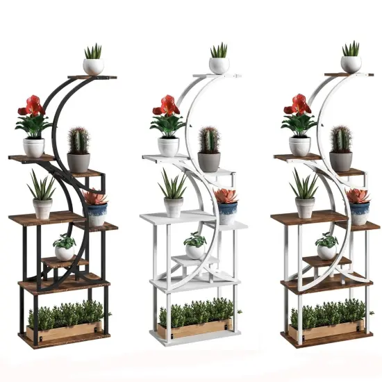S-shaped Wooden 8-Tier Flower Plant Stand Carbonised black {7}