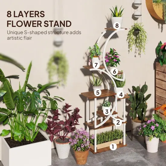 S-shaped Wooden 8-Tier Flower Plant Stand Carbonised white {2}