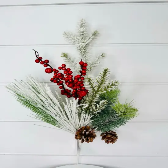 21" Snow Flocked Pine & Pinecone Pick with Red Berries - Festive Christmas D&eacute;cor-XX1829 {4}