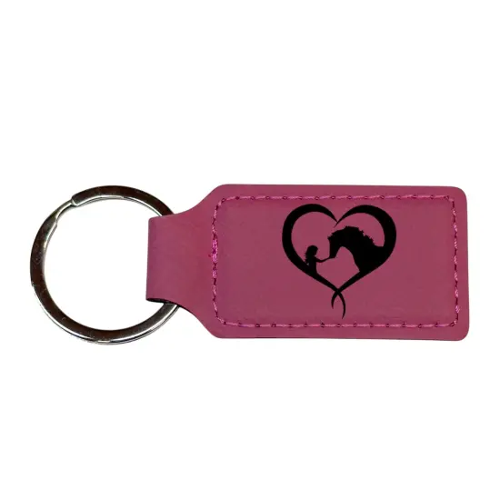 Keychain - Rectangle - Girl and Horse Heart - Leather Rustic/Gold {2}