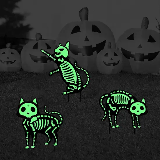 5pcs Glow in The Dark Skeleton Black Cat Silhouette Lawn Signs with Stakes {4}