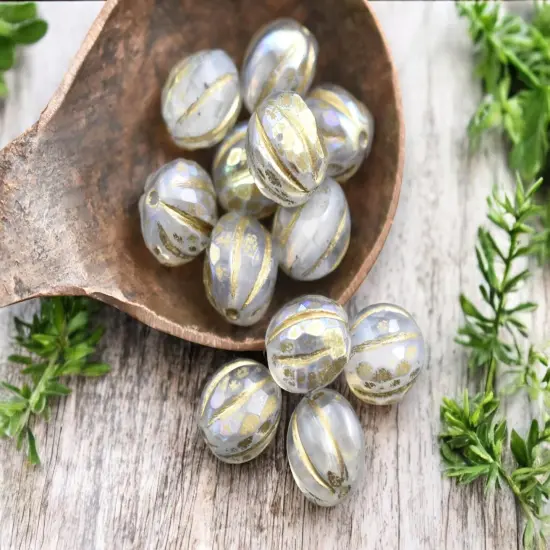 *12* 10mm Gold Washed Crystal Opaline AB Faceted Round Melon Beads {1}