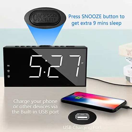 Clock for Bedroom, 2 Alarms Loud LED Big Display Plug in Simple Basic Digital Clock with USB Charging Port, Adjustable Volume, Dimmable, Snooze for Deep Sleepers Kids Elderly Home Office {1}