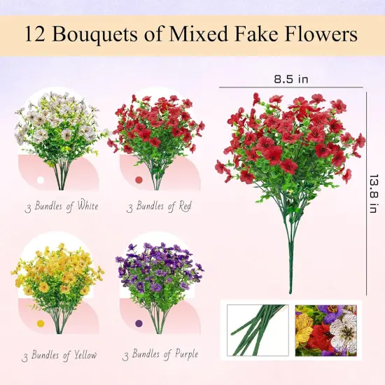 12 bundles Outdoor Artificial Flowers UV Resistant Spring Plants Fake Silk Flowers Greenery Shrubs Plastic Flower Faux Plants for Outside Indoor Decor {4}