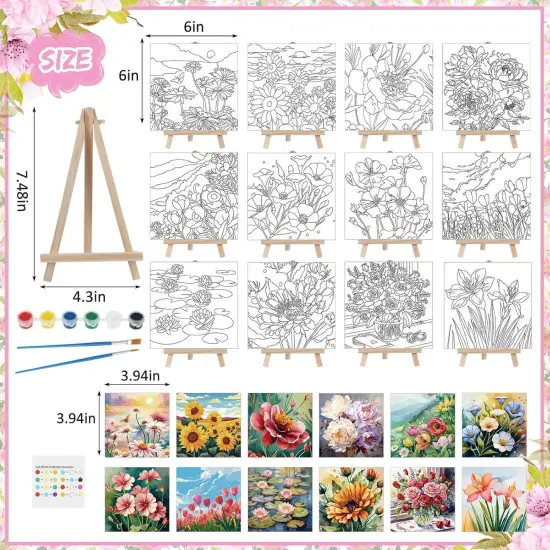 12 Sets Pre Drawn Canvas Kit with Design Easel and Brushes (Flower) {2}