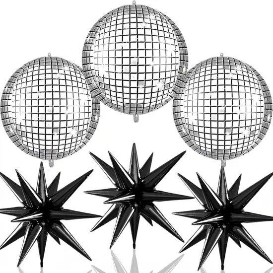 6 Pcs 22 Inch Black Star Balloons and Disco Foil Balloons (Black Disco) {1}