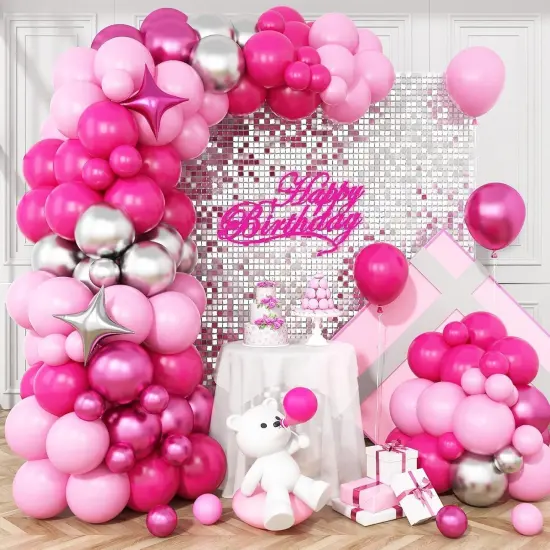 Pink and Silver Balloon Arch Kit (	Rose Red Pink) {1}