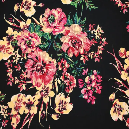 Black-Red-Multi Cotton Floral Print Stretch Spandex Poplin Woven Fabric By the Yard {5}