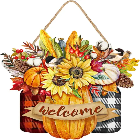 Fall Floral Welcome Sign Thanksgiving Wooden Hanging Door Sign(Gold, Red, and White) {6}