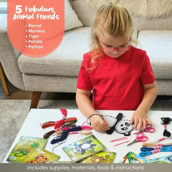 Bryte Jungle Animals Sewing Kit for Kids: A Fun DIY Arts & Crafts Experience with 5 Pre-Cut Felt Animals, Needles, Thread, Instructions & More - For Kids Age 7+ - Great Gift For Birthdays and Holidays Multicolor {3}