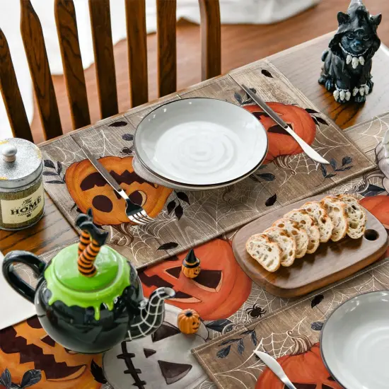 Set of 4 Pumpkins Spider Web Halloween Placemats - 12x18 Inch (Wood) {3}