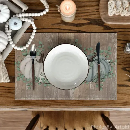 Set of 4 Pumpkins Fall Placemats - 12x18 Inch (Blue Leaves/Wood) {2}