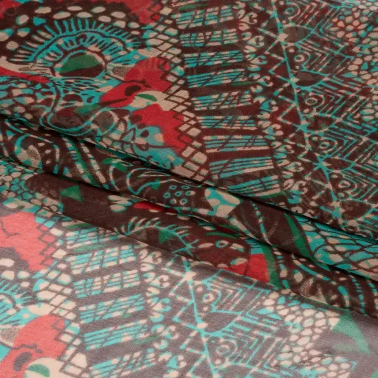 1 Yard Chocolate Berry Turquoise Floral Geometric Diagonal Stripes Silk Chiffon, 54 Inches Wide {3}