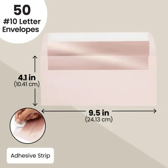 50-Pack #10 Blush Pink Envelopes with Metallic Rose Gold Foil Lining for Party Invitations, Mailing Business Letters, Invoices, Baby Showers, Weddings (4 1/8 x 9 1/2 in) {4}