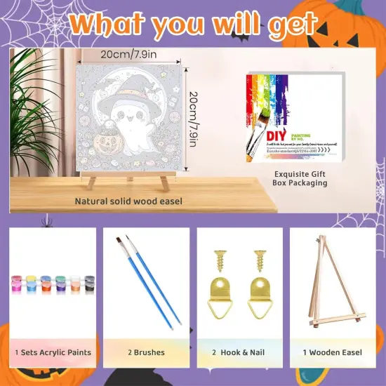 Halloween Ghost Paint by Numbers Kit with Frame and Wooden Easel - 8x8 Inch {2}
