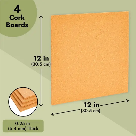 4-Pack Cork Board Tiles, 1/4-Inch Natural Square Cork board Tiles for Bulletin Boards, Coasters, Countertop Pot and Pan Holders, and DIY Arts and Crafts (12x12 in) Brown {3}