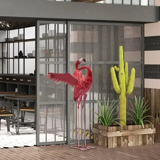 Gift Outdoor Yard Lawn Statue Metal Bird Pink&Red Flamingo Garden Sculpture {4}