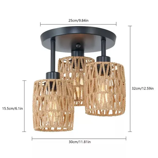 3-Light Semi Flush Mount Ceiling Lamp Farmhouse Rattan Pendant Lamp Fixture {4}