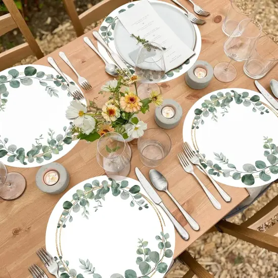 Paper Placemats Disposable 100 Pack Green Eucalyptus Leaves Wedding Disposable Placemats 13.7 Inch Spring Wedding Round Table Mats for Birthday Wedding Baby Shower Party Dining Decoration {5}