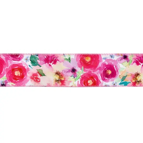 Designer's Shop WR 63-5199 Spring Summer Pink-Red Wild Rose floral and green leaf on white satin wired edge ribbons, 2.5" x 10 yards {5}