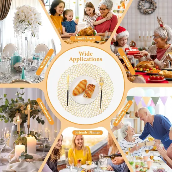 48 Packs Gold Round Placemats 15 Inch Hollow Out Pressed Vinyl Place Mats Bulk, Non Slip Washable PVC Chargers Place Mat for Christmas Dining Wedding Holiday Party Home Kitchen Dinner Table {4}