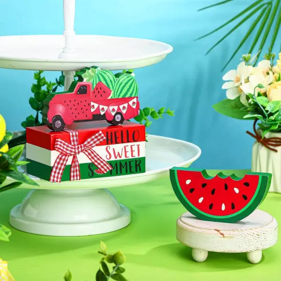 5 Pcs Watermelon Table Decorations Summer Tiered Tray Decor Mini Wooden Decorative Books Stack with Twine with Wood Truck Sign for Home Kitchen Shelf Tabletop Centerpieces {2}