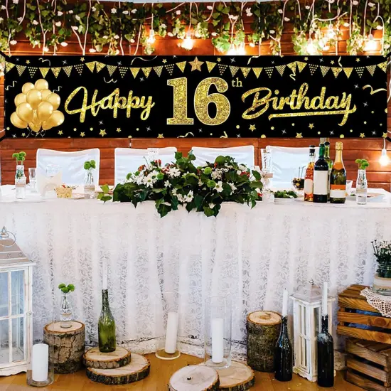 Happy 16th Birthday Banner Decorations for Boys, Black Gold 16 Birthday Signs Party Supplies, Sweet Sixteen Birthday Party Decor for Outdoor Indoor {2}